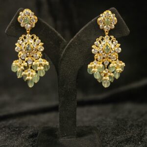 White Stone Earrings with Green Beads