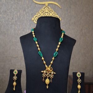Emerald Green Beaded Necklace Set with Traditional Gold Pendant