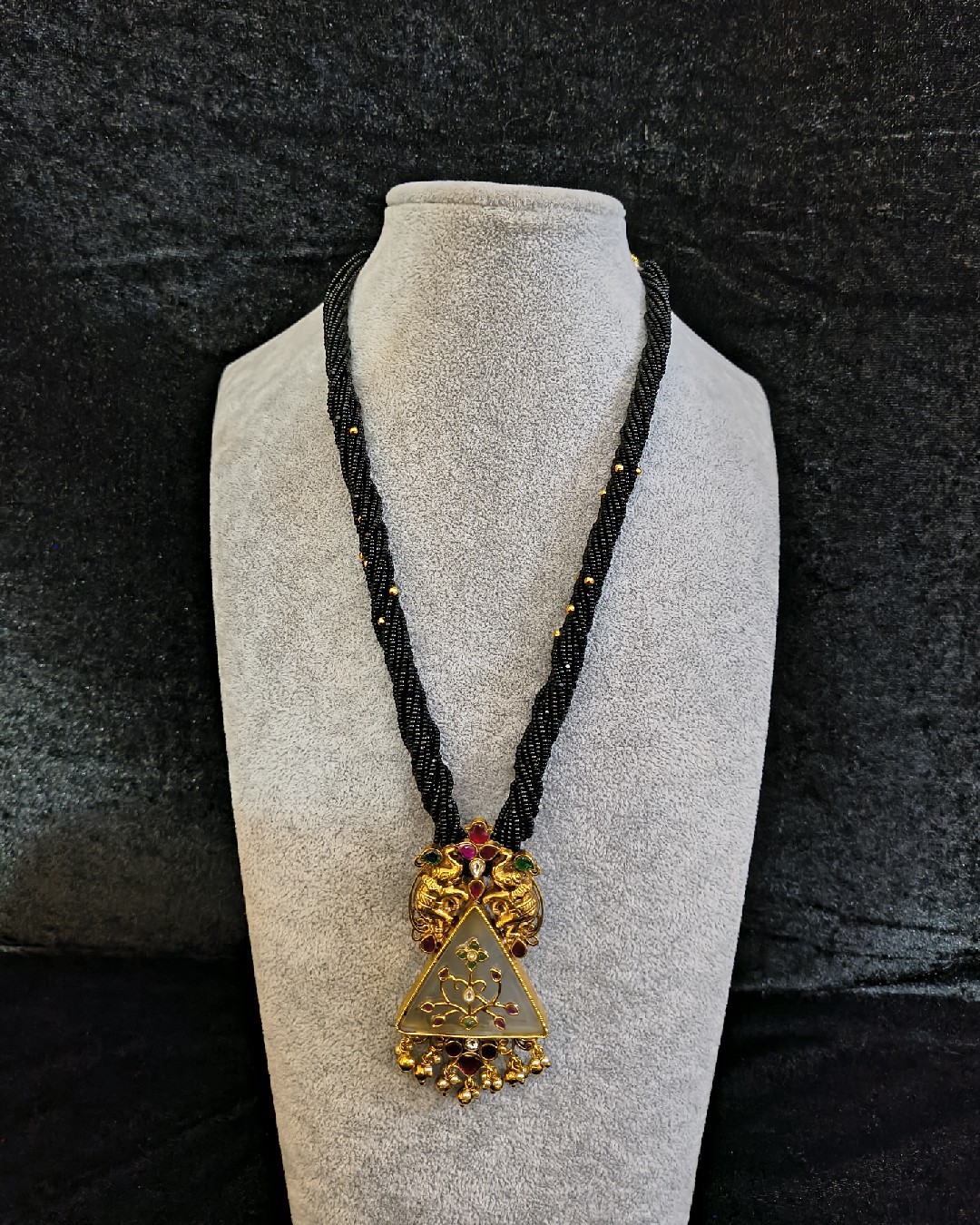 Temple Triangle Pendant Black Bead Necklace