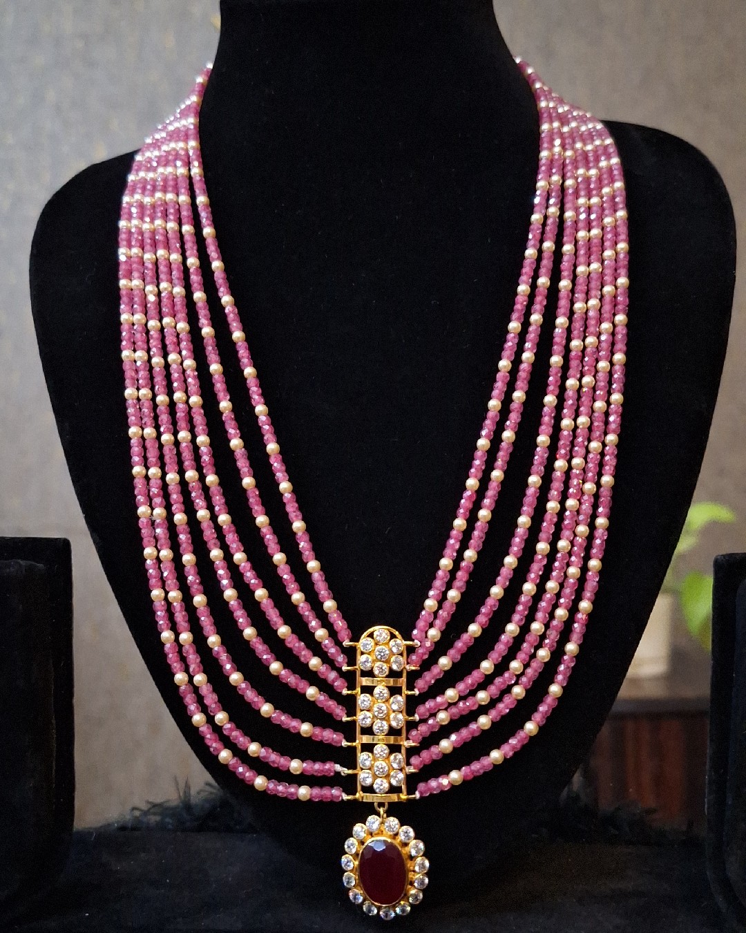 Ruby Pink Beaded Layered Necklace