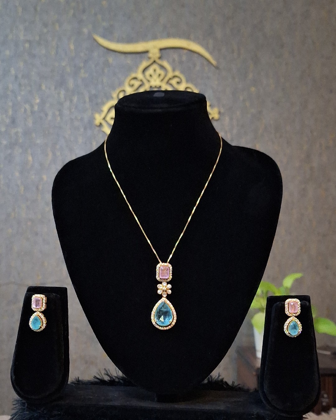 Baby Pink & Aqua Moissanite Pendant Set