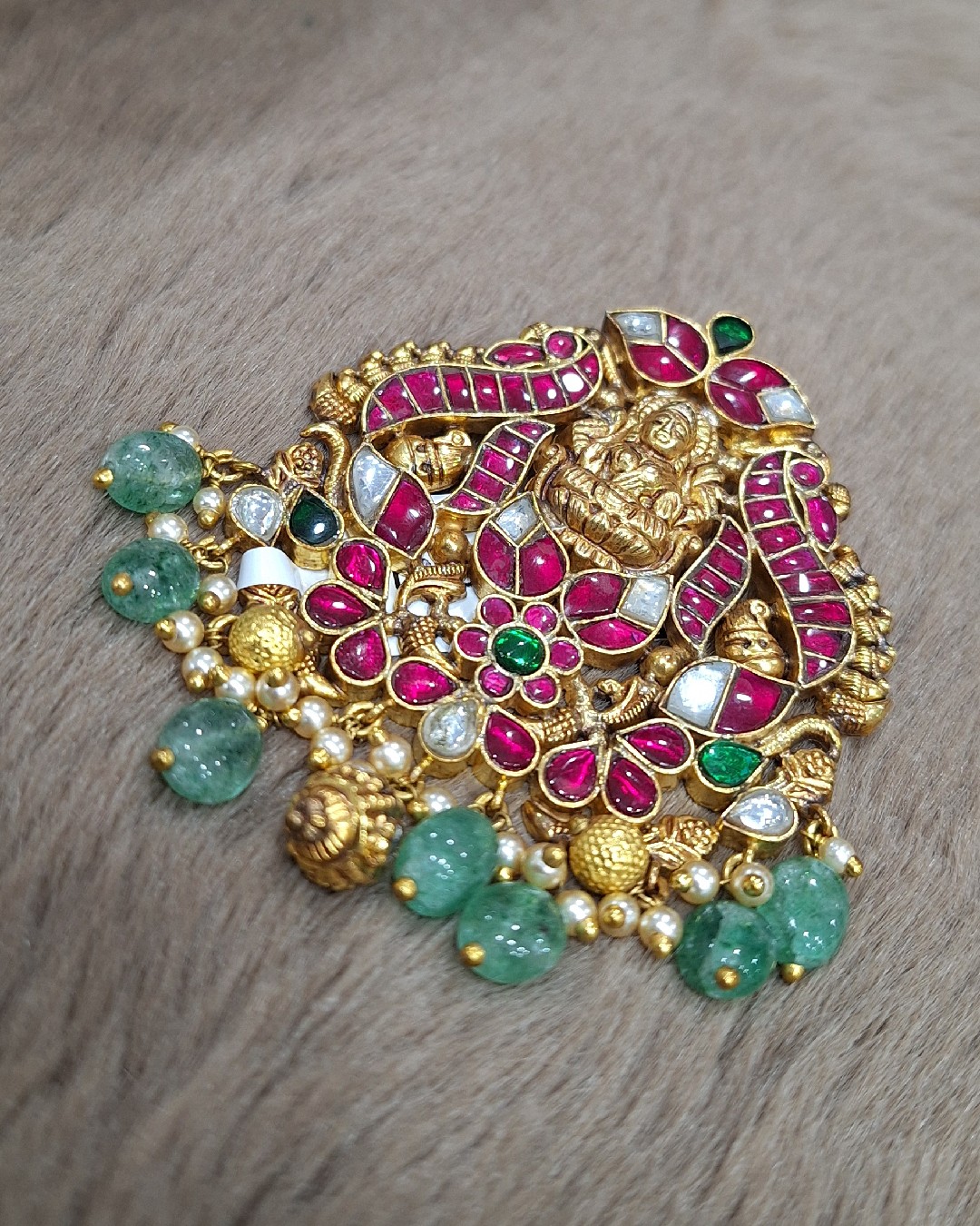 Antique Lakshmi Kemp Stone Pendant with Pearl & Green Bead Drops