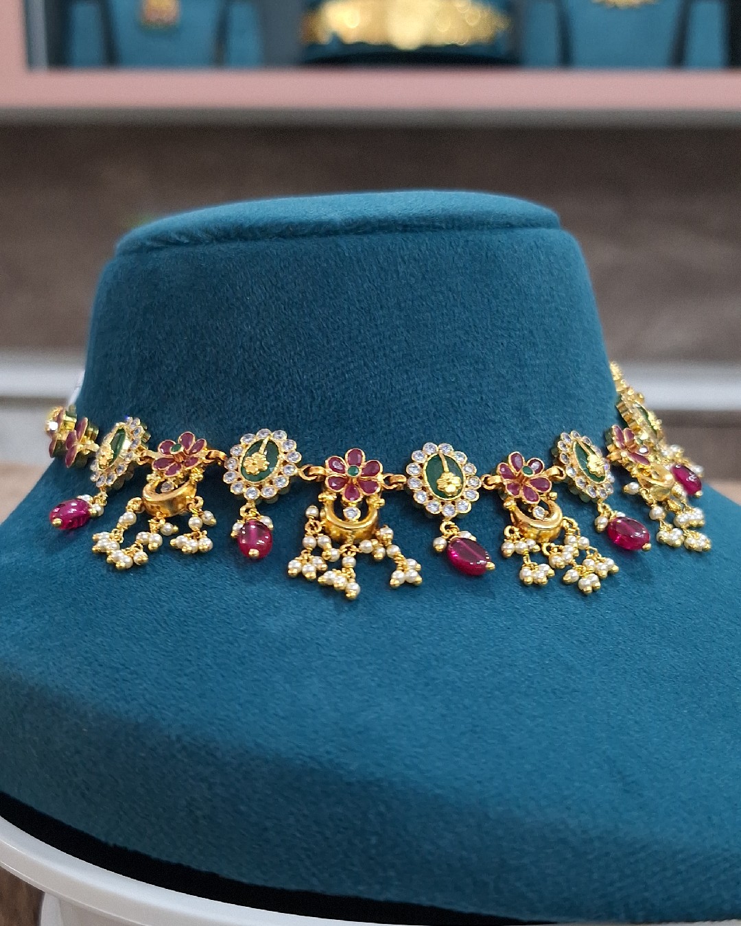 Floral CZ Kemp Choker with Ruby Drops