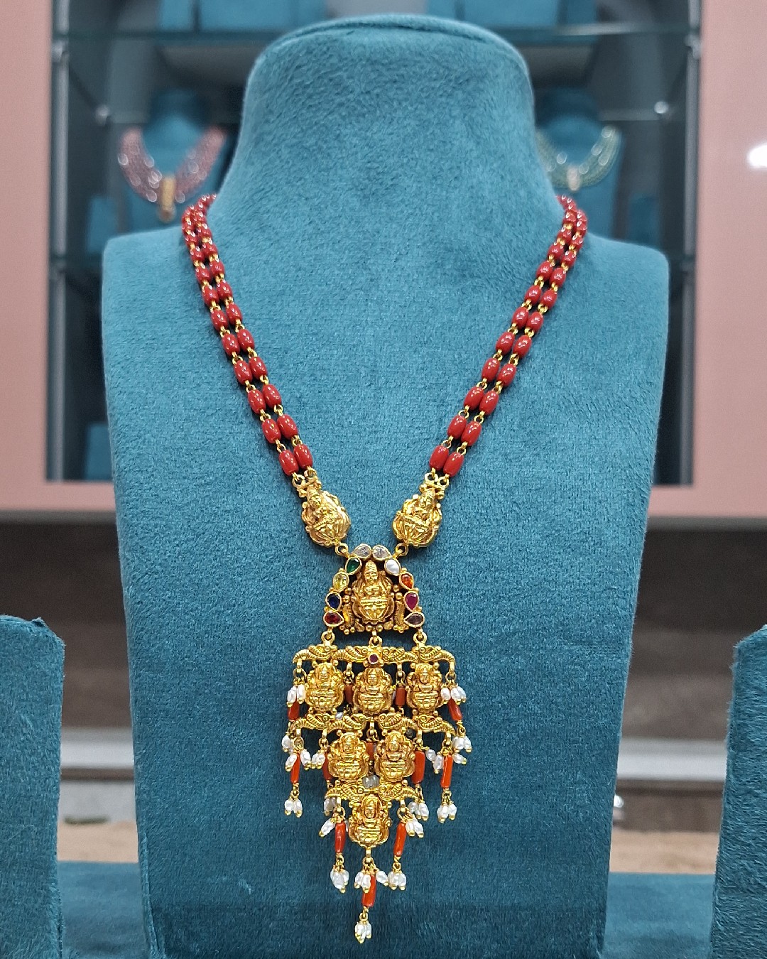 Lakshmi Navaratna Beaded Haram with Temple Pendant