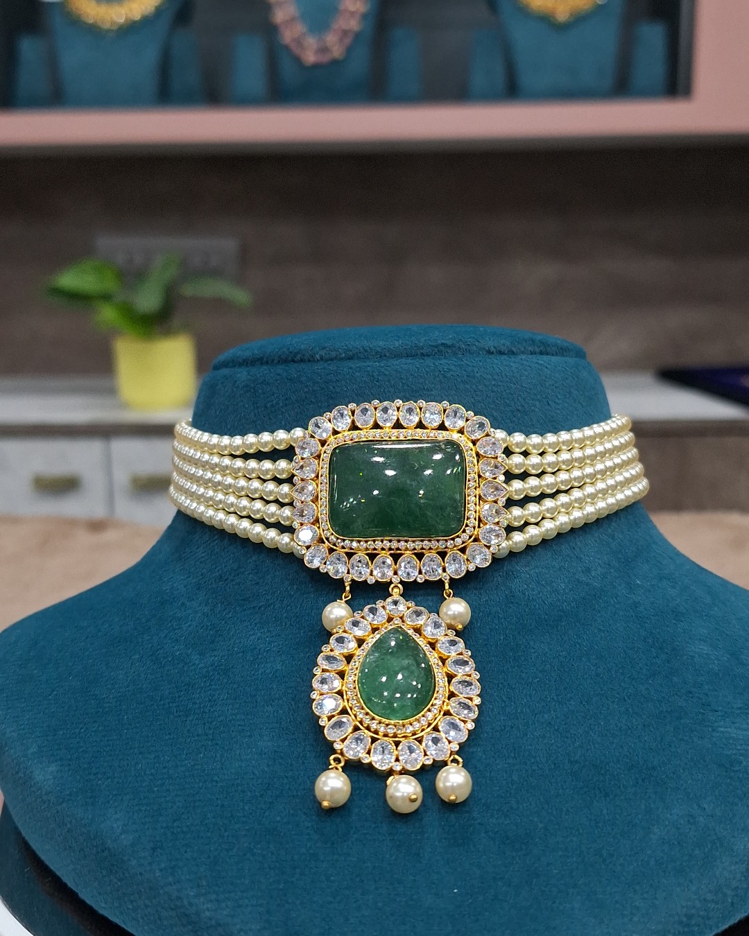Emerald Green Pearl Choker with CZ Halo