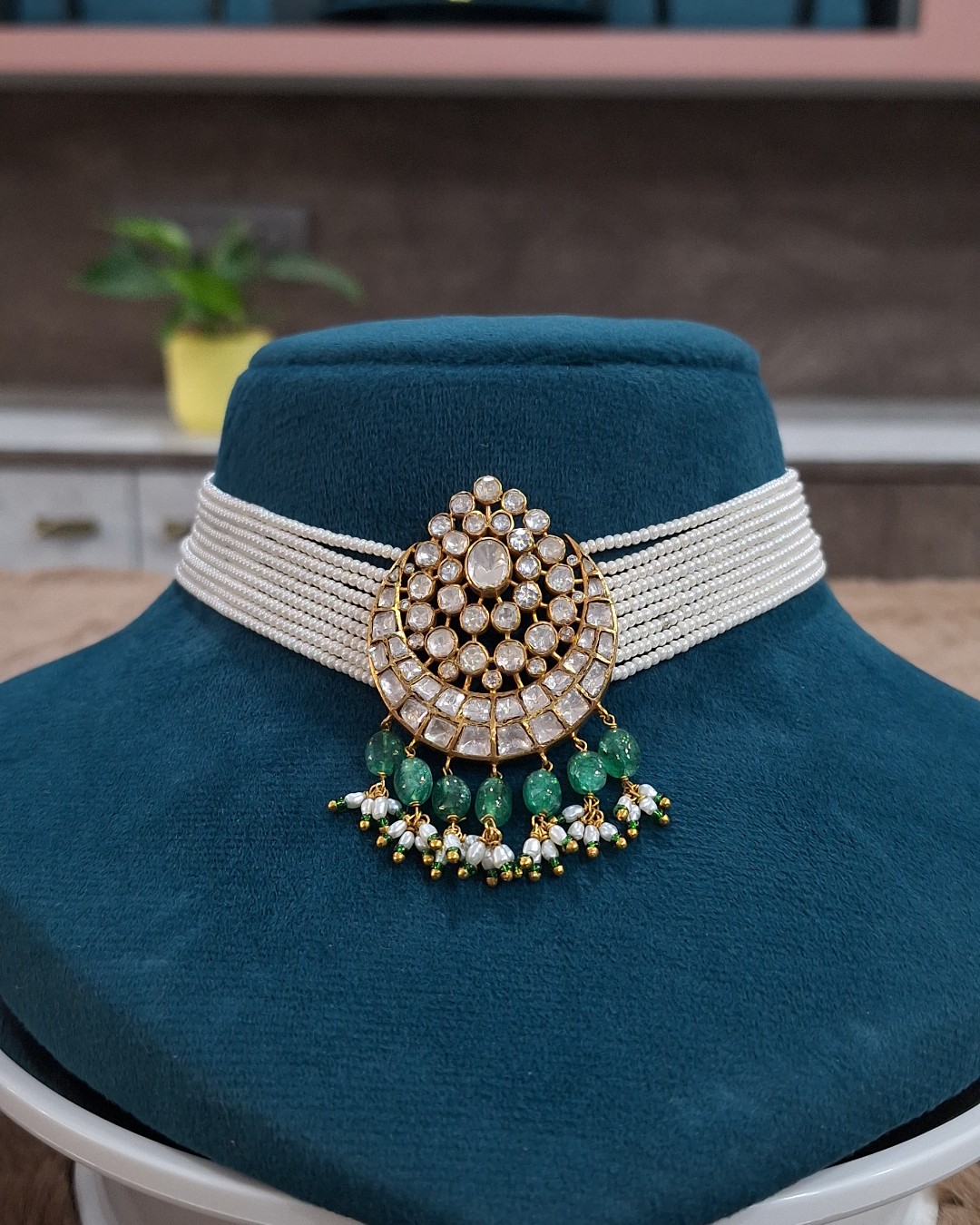 Royal Kundan Pearl Choker with Emerald Drops