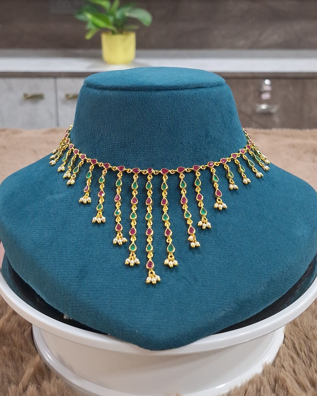 Ruby Emerald Fringe Drop Necklace