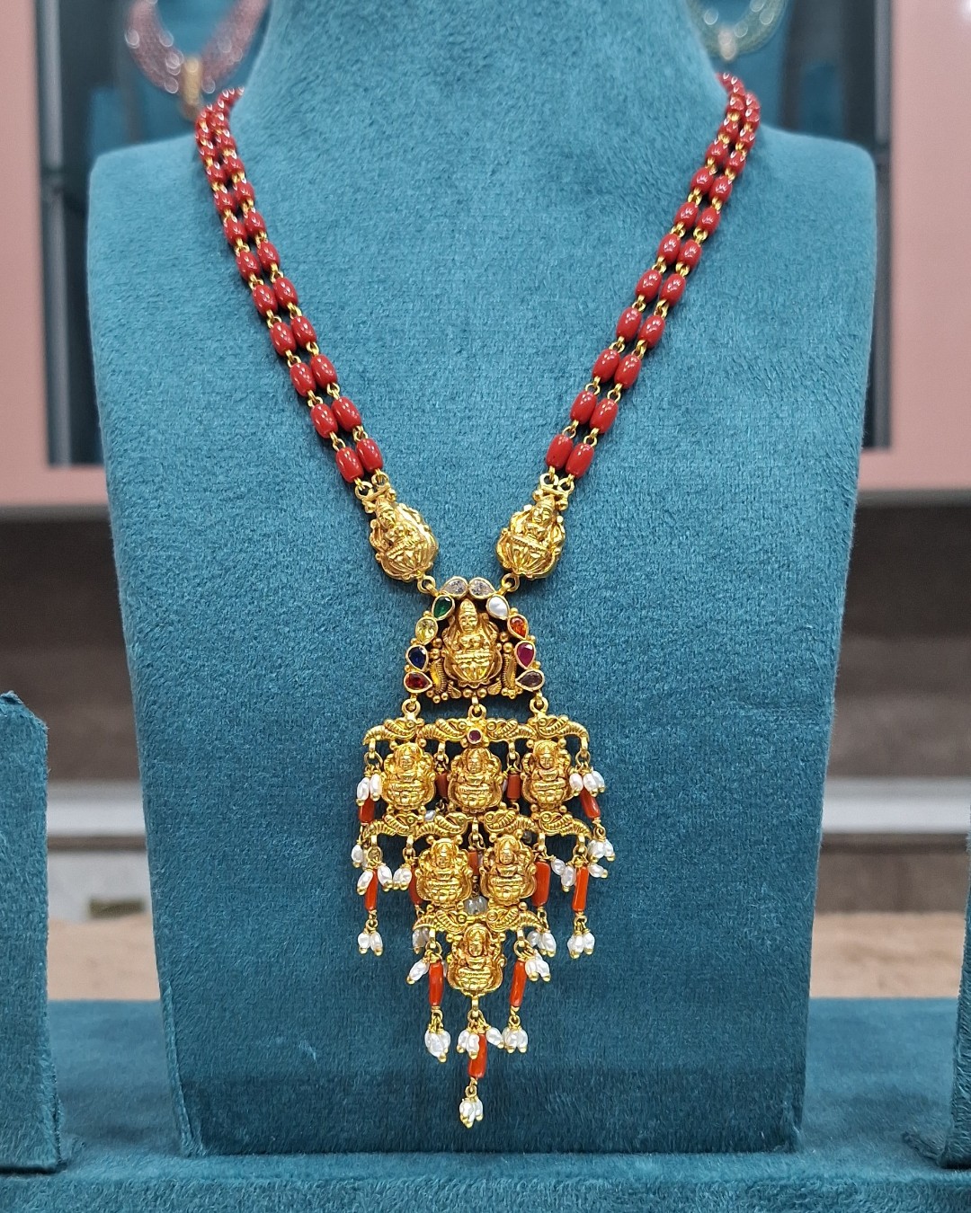 Lakshmi Temple Coral Bead Haram with Multi-Figure Pendant