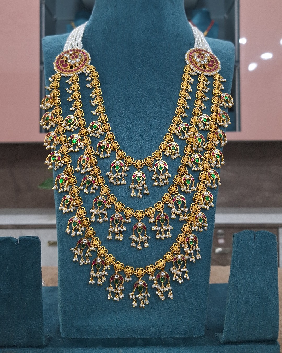 Grand Peacock Kemp Layered Haram Necklace