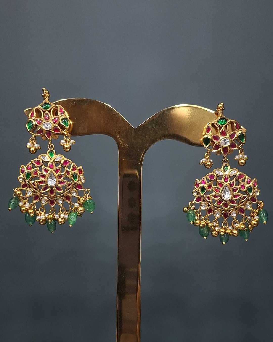 Royal Ruby Green Chandbali Earrings with Pearl Drops