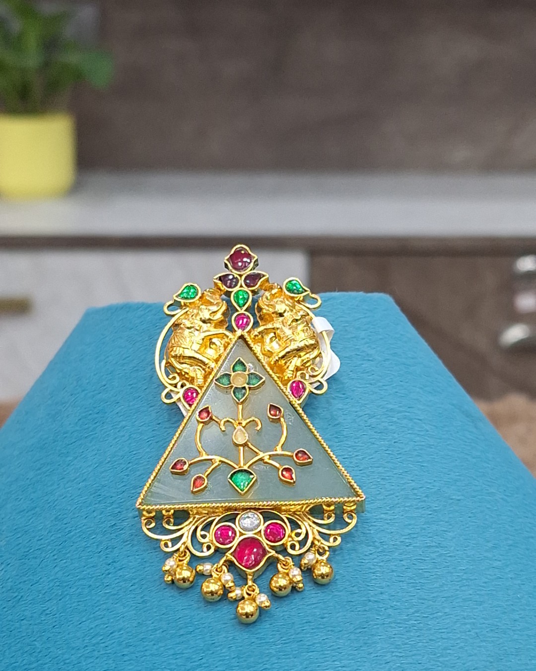 Elephant Motif Triangle Pendant with Stone Inlay