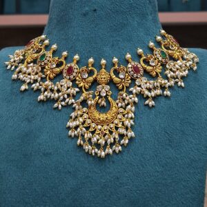 Antique Lakshmi & Peacock Temple Necklace with Pearl Drops