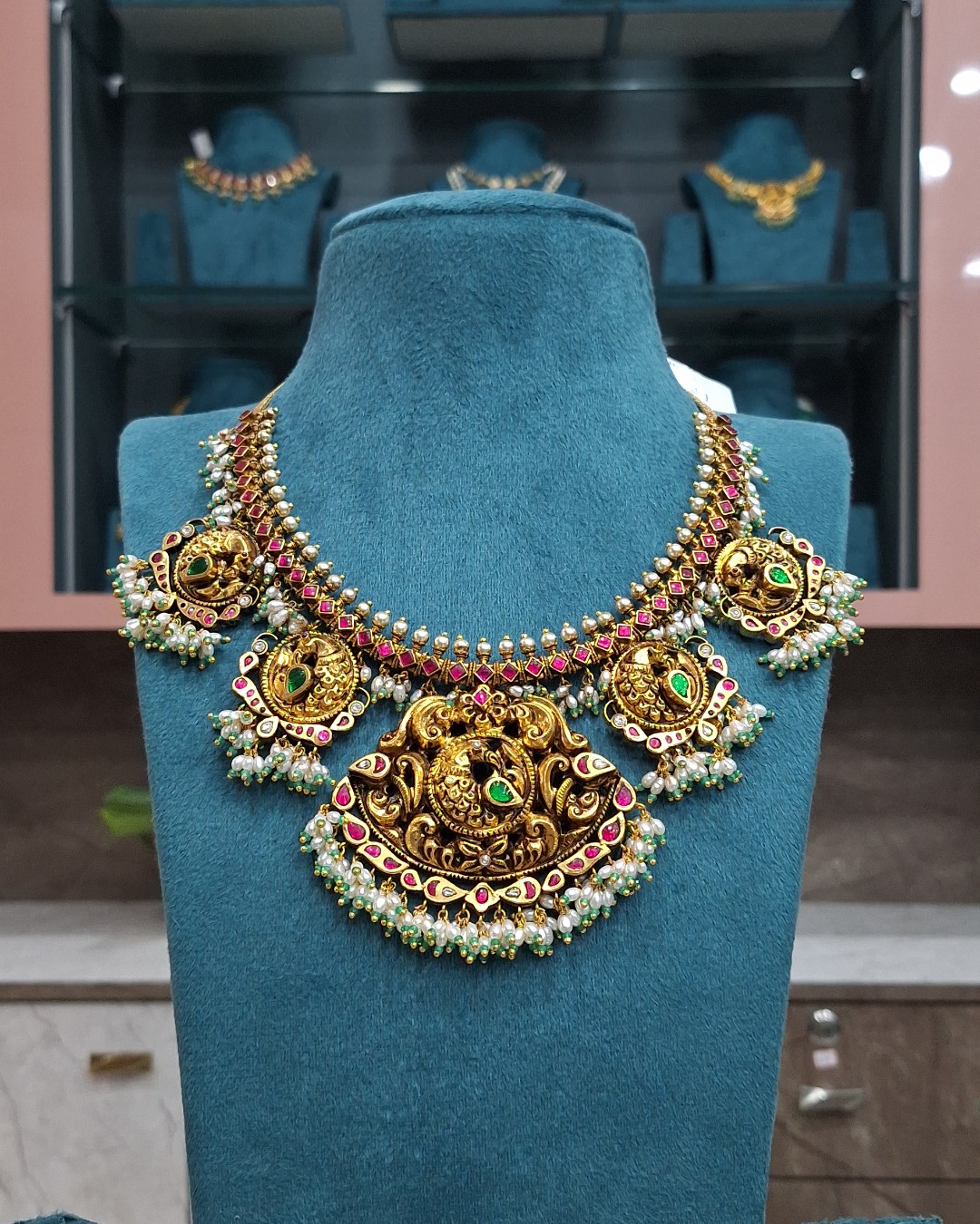 Antique Peacock Temple Necklace with Pearl Drops