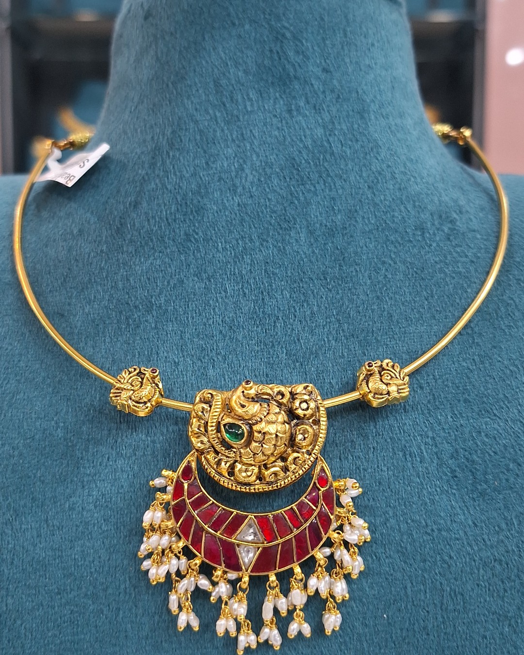 Antique Peacock Nakshi Choker with Ruby Arc & Pearl Drops