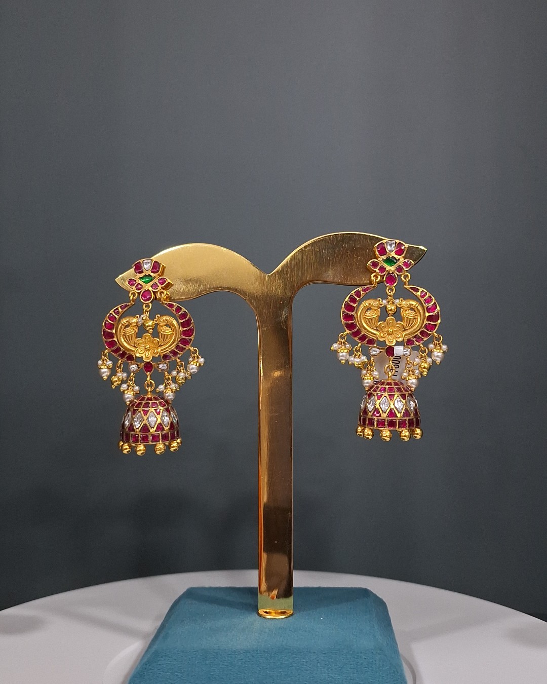 Peacock Ruby Stone Jhumka Earrings with Pearl Drops