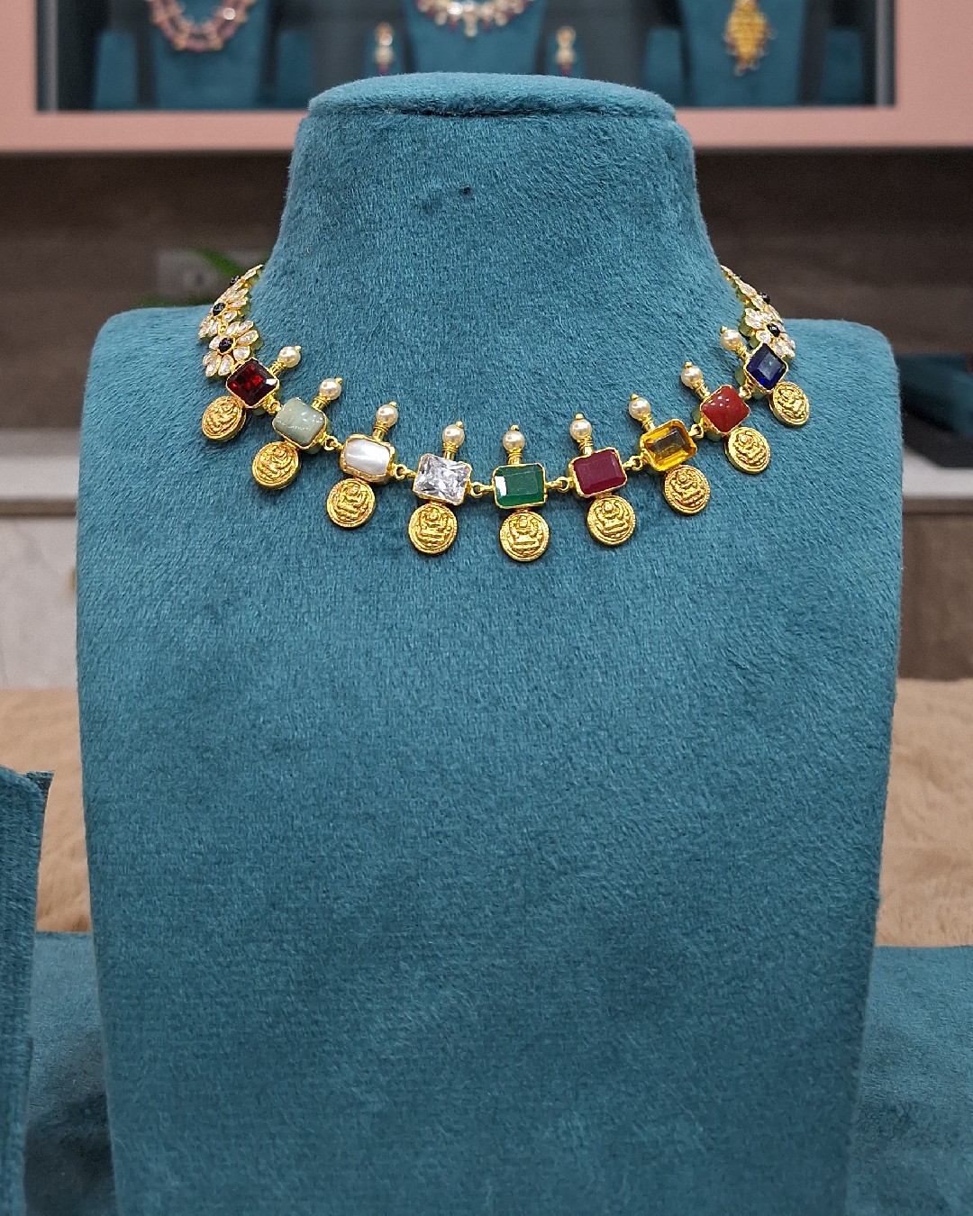 Navaratna Coin Drop Choker Necklace with Backchain