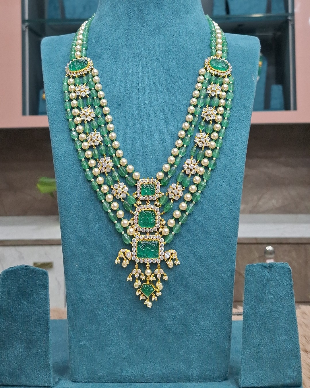 Emerald Bead & Pearl Layered Moissanite Necklace Set