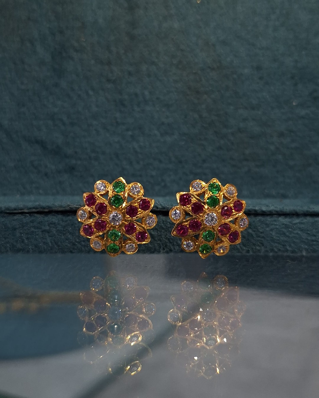 Ruby Emerald Floral Cluster Stud Earrings