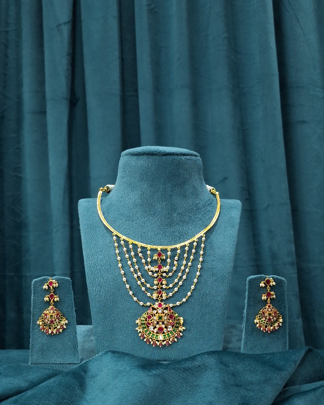 Ruby Pearl Cascade Necklace Set