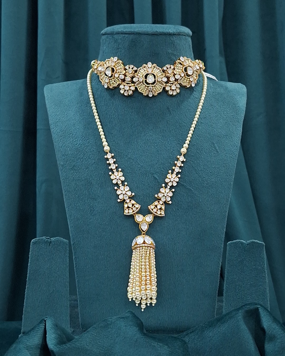 Moissanite Choker with Pearl Tassel Long Chain