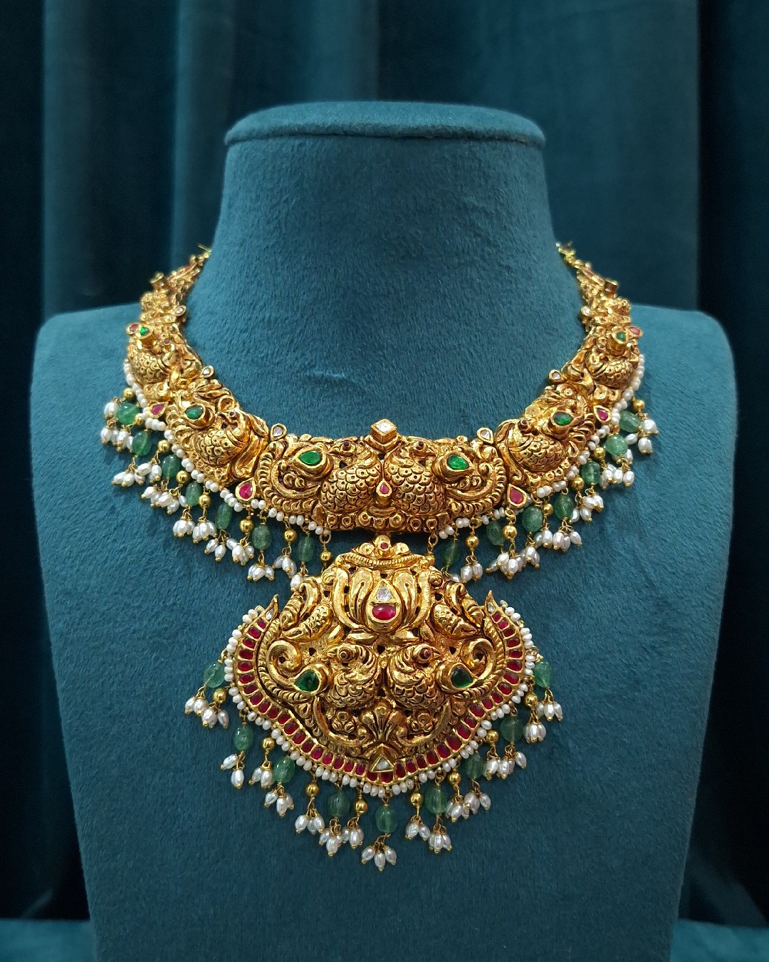 Royal Nakshi Peacock Necklace with Emerald Beads & Pearl Drops