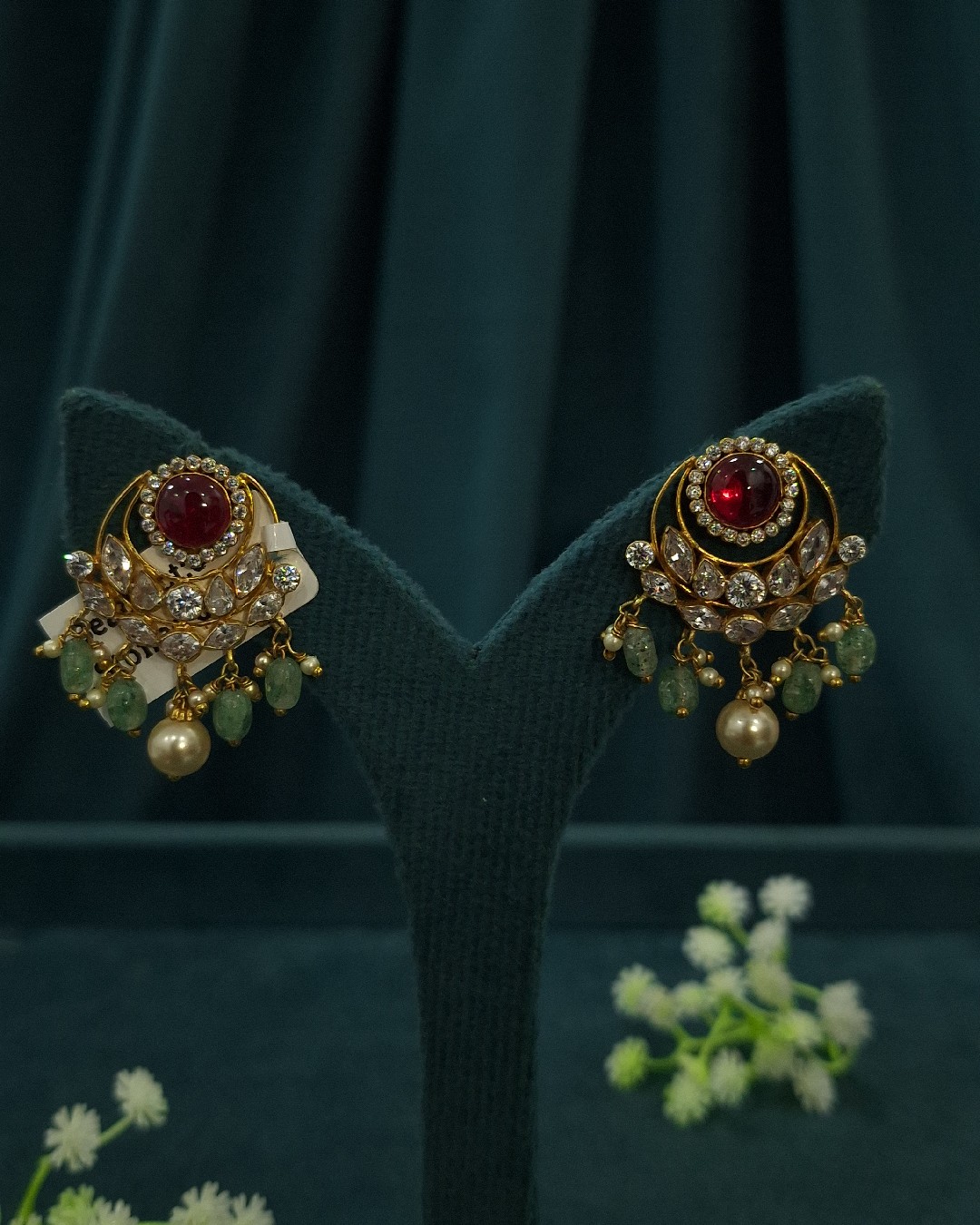 Ruby CZ Pearl Dangler Earrings