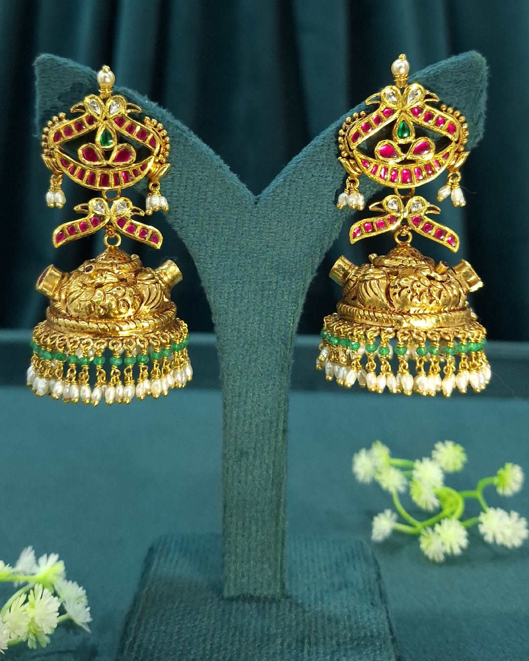 Antique Ruby Green Kundan Jhumka