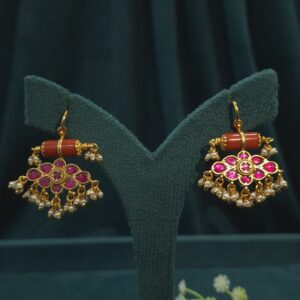 Coral Pink Kundan Hook Earrings